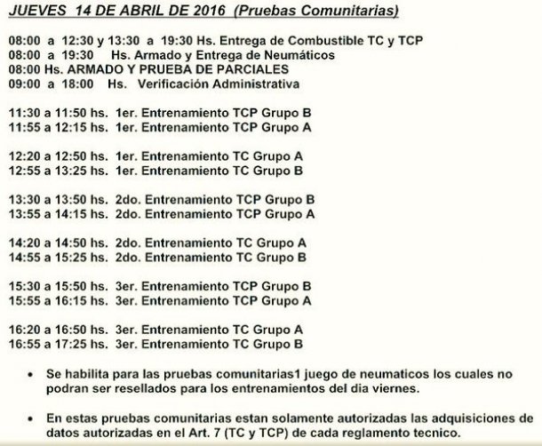 Los horarios de los entrenamientos